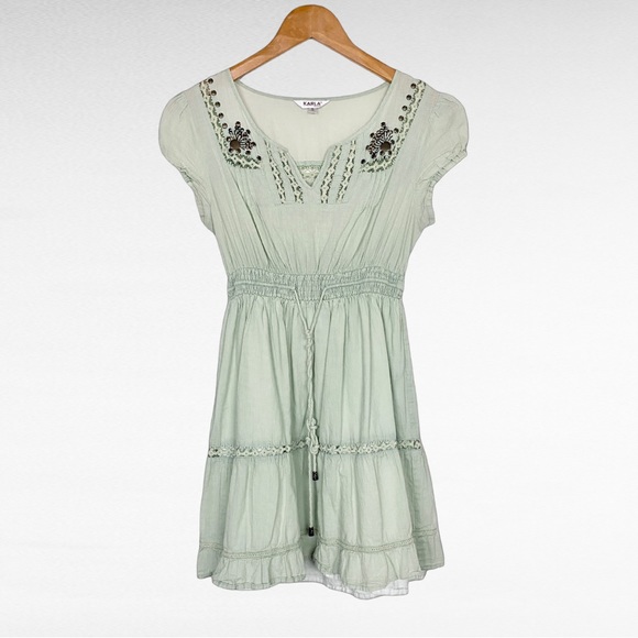 VINTAGE | Karla Design Pistachio Green Peasant Embellished Babydoll Boho Dress - Picture 5 of 10